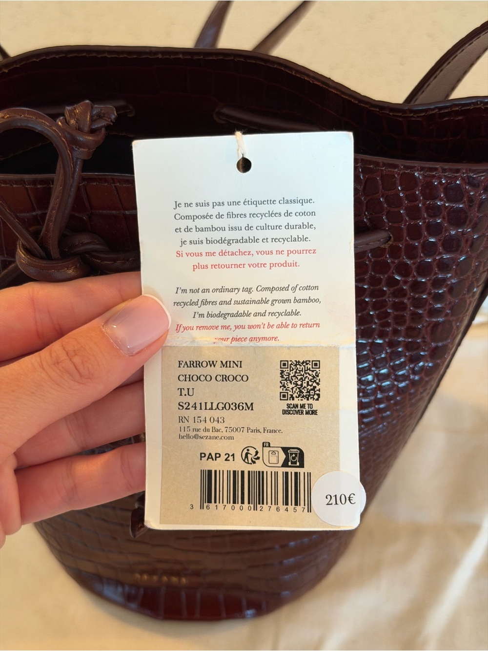NWT Sezane Chocolate Croc-Embossed Drawstring Bucket Bag - Picture 7 of 10